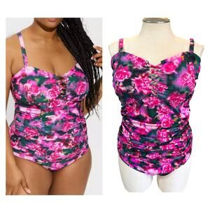 Torrid Plus Size 3‎ Pink Roses Wireless One Piece Lattice Lace Up Swimsuit 3X